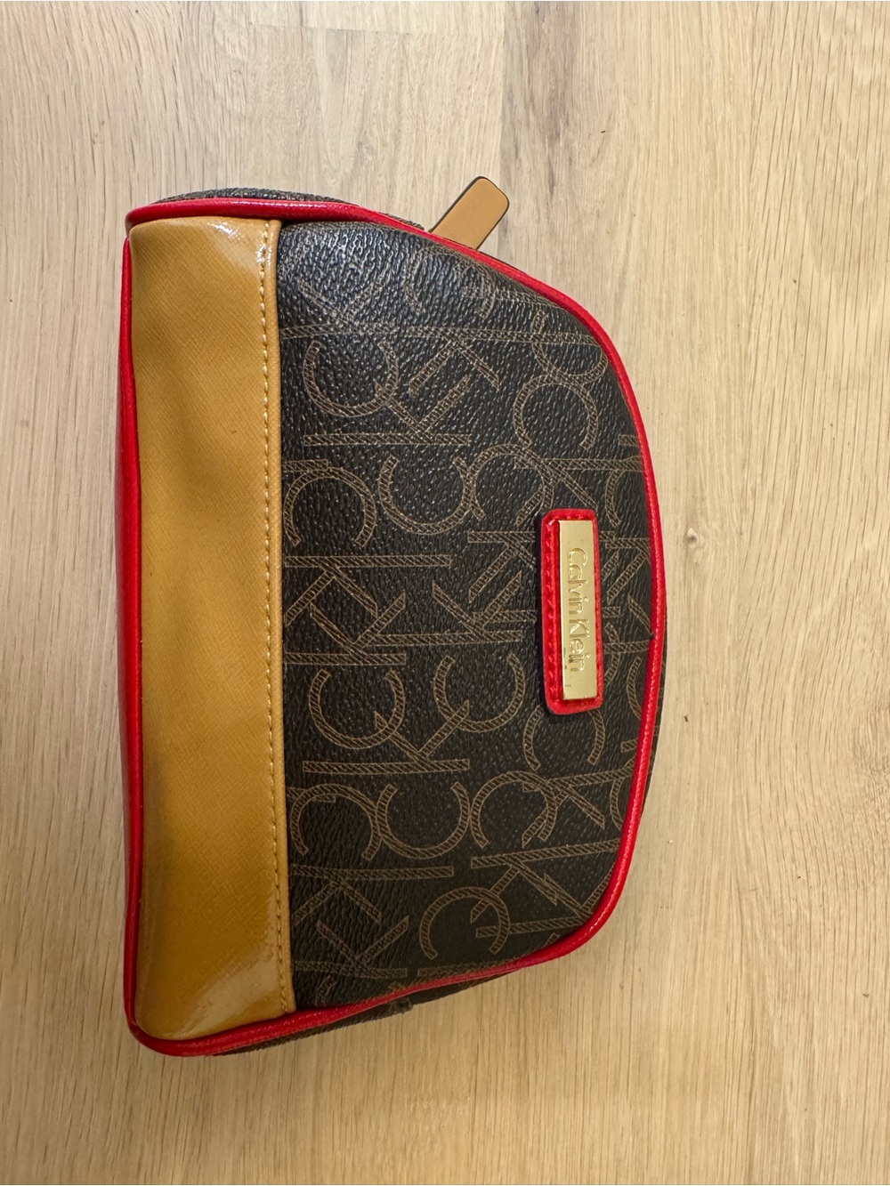 Calvin Klein Brown Logo Toiletry Bag with Tan Panel and Red Trim